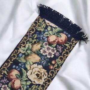 Retro Tapestry Cloth Fringed Table Runner Fruit & Floral Navy Earth Tones 74”